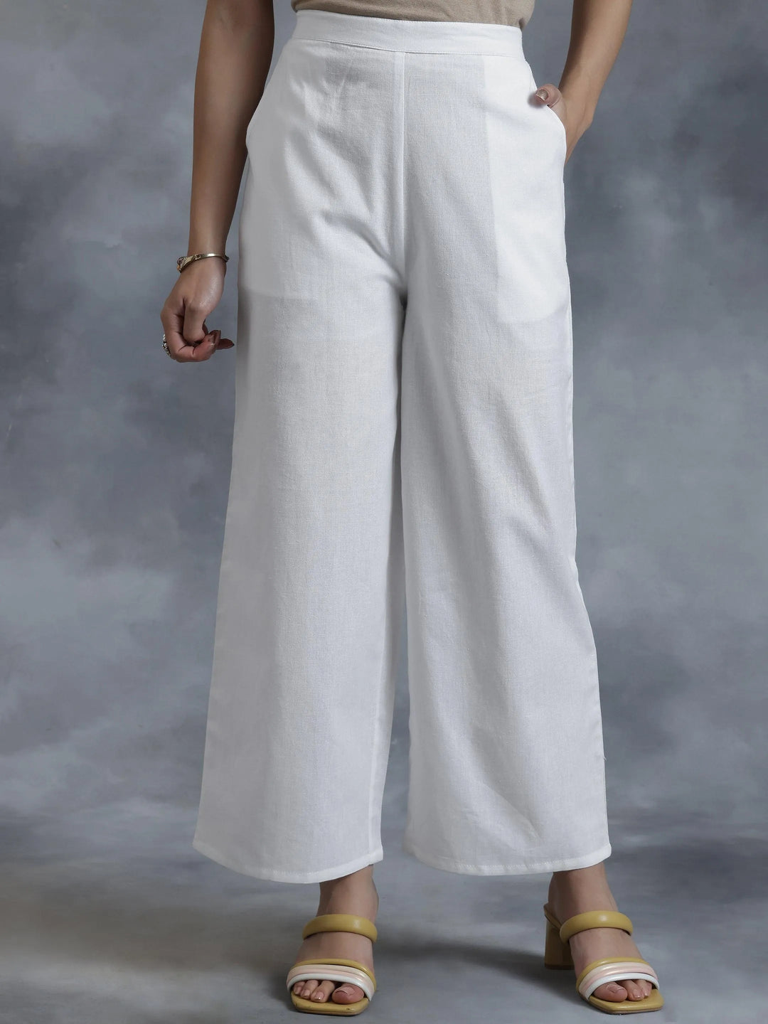 White Solid Cotton Palazzos - Libas 
