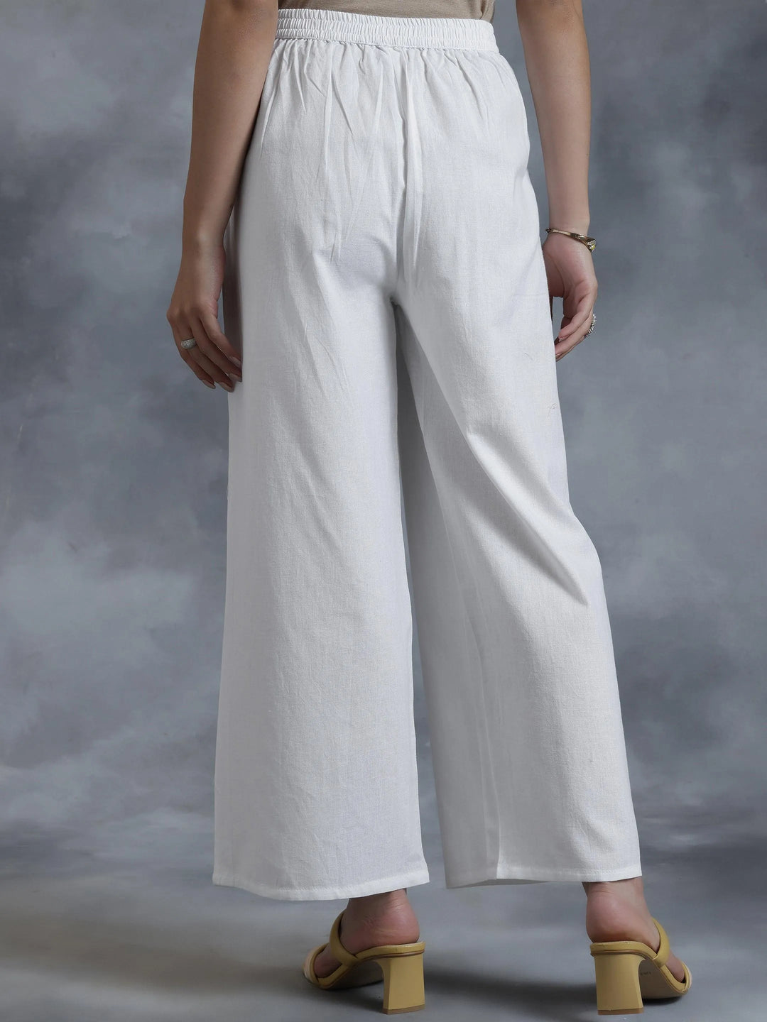White Solid Cotton Palazzos - Libas 