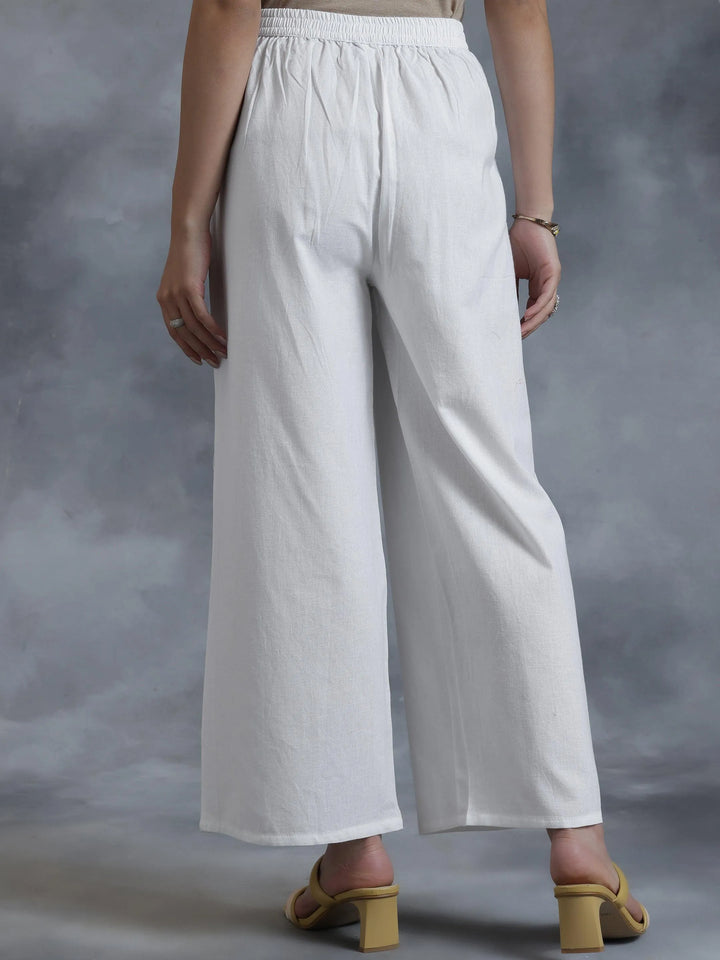 White Solid Cotton Palazzos - Libas