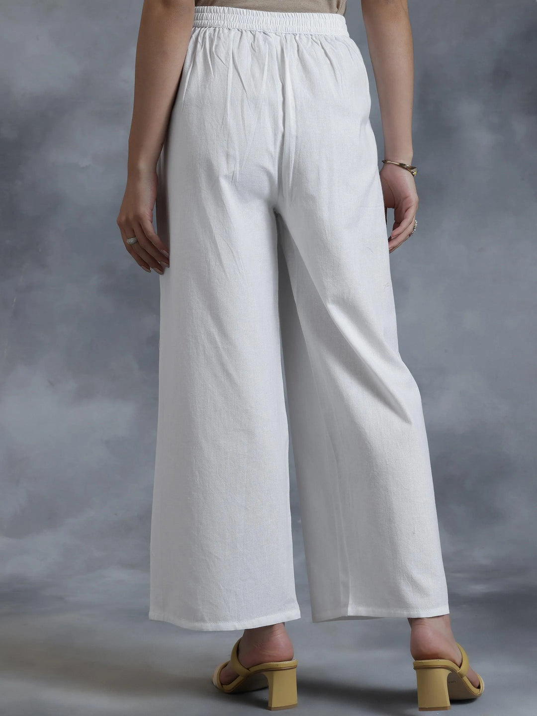 White Solid Cotton Palazzos - Libas 
