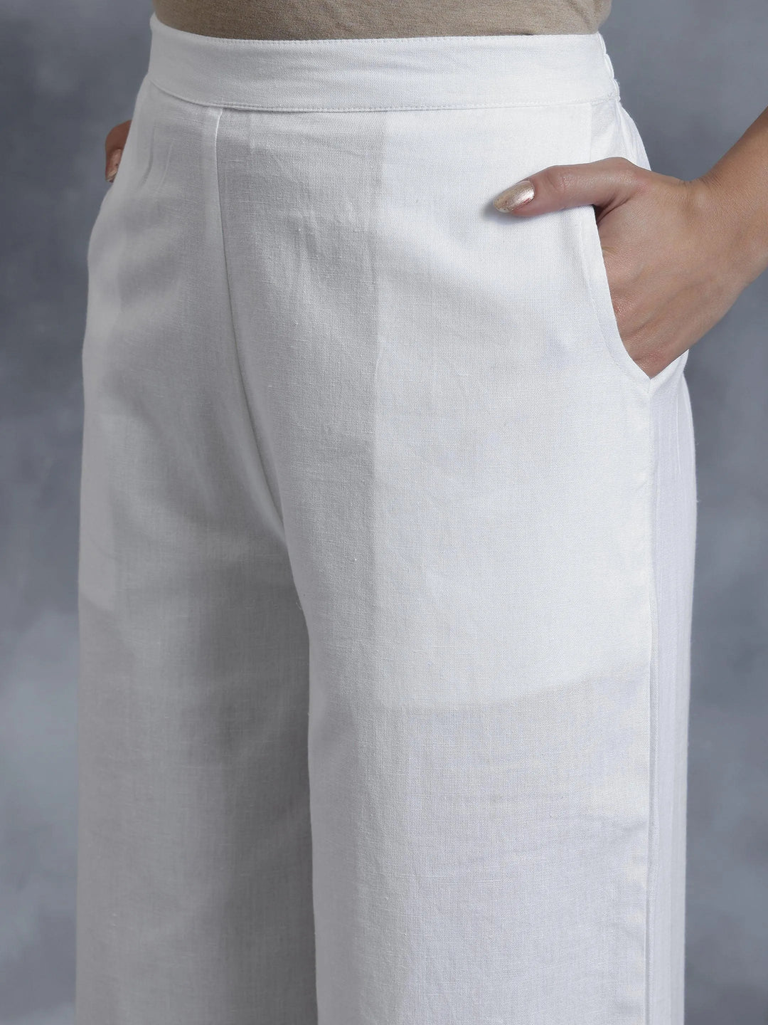 White Solid Cotton Palazzos - Libas 