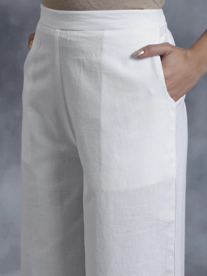 White Solid Cotton Palazzos - Libas