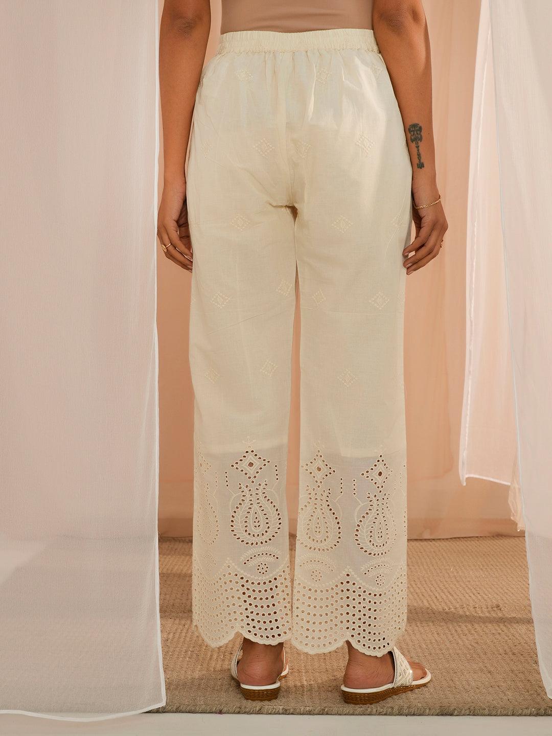 Off White Embroidered Cotton Straight Fit Palazzos