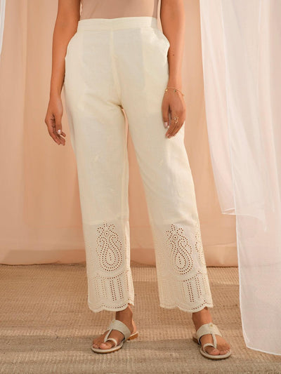 Off White Embroidered Cotton Straight Fit Palazzos - Libas