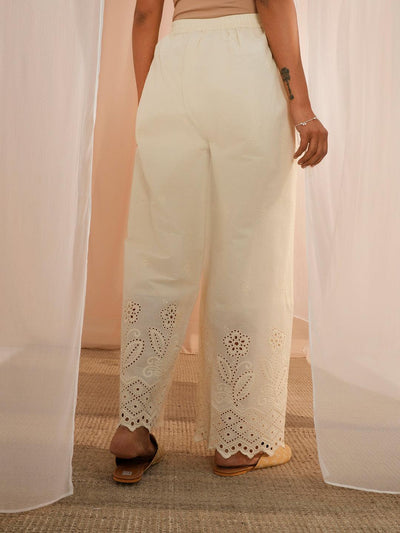 Off White Embroidered Cotton Wide Leg Palazzos - Libas