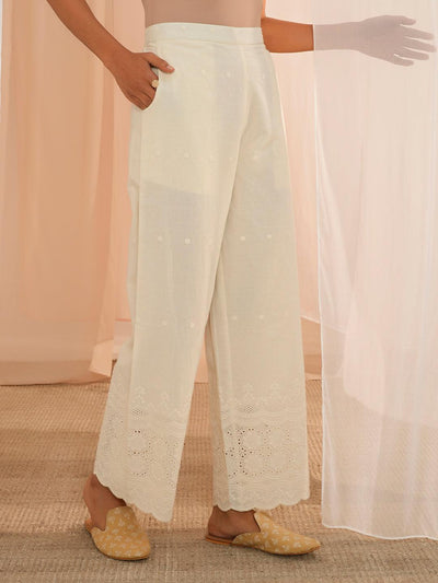Off White Embroidered Cotton Wide Leg Palazzos - Libas