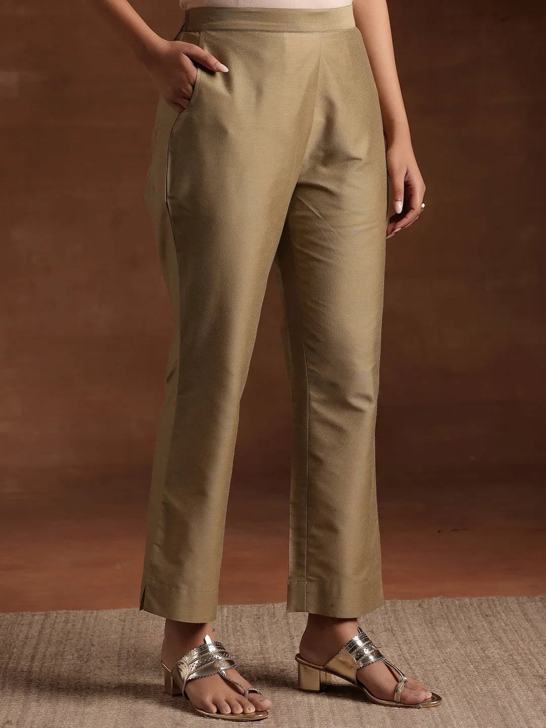  Gold Solid Silk Trousers 
