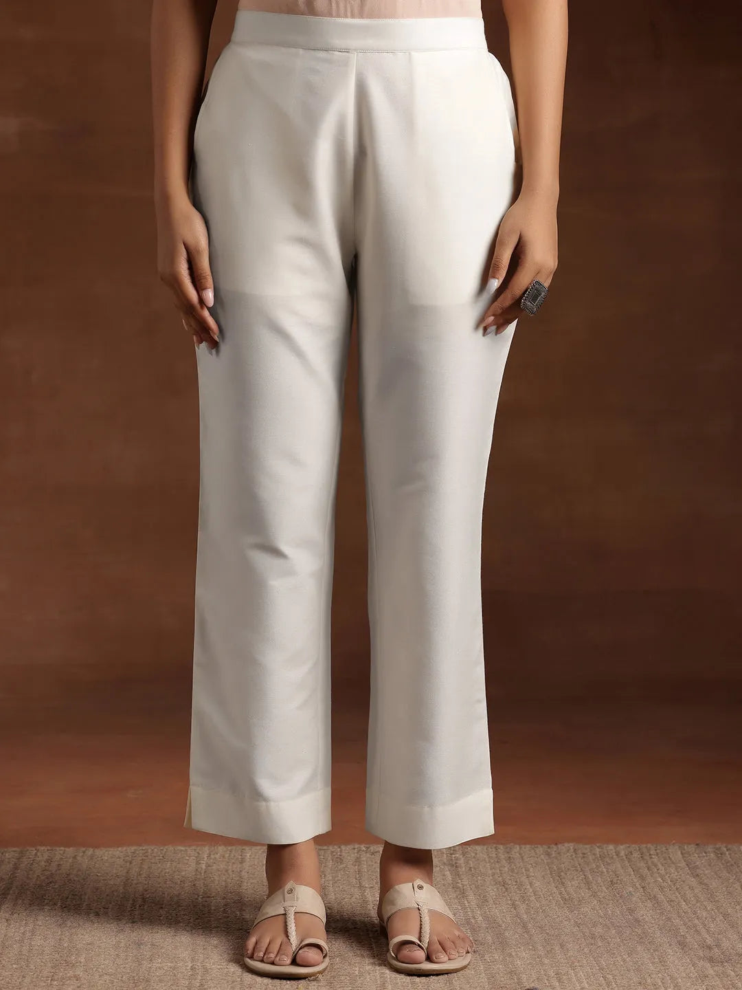  White Solid Silk Trousers 