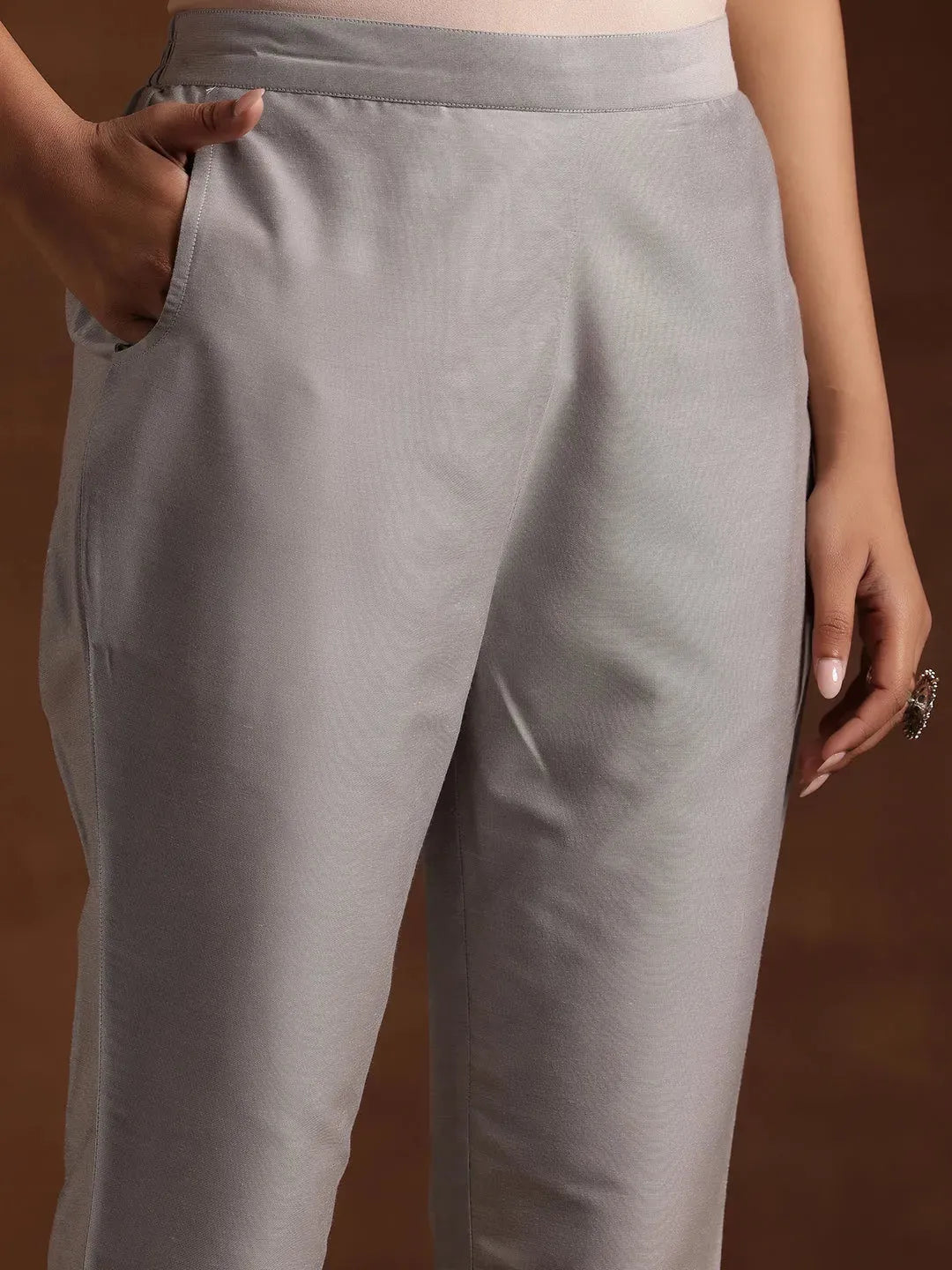  Grey Solid Silk Trousers 