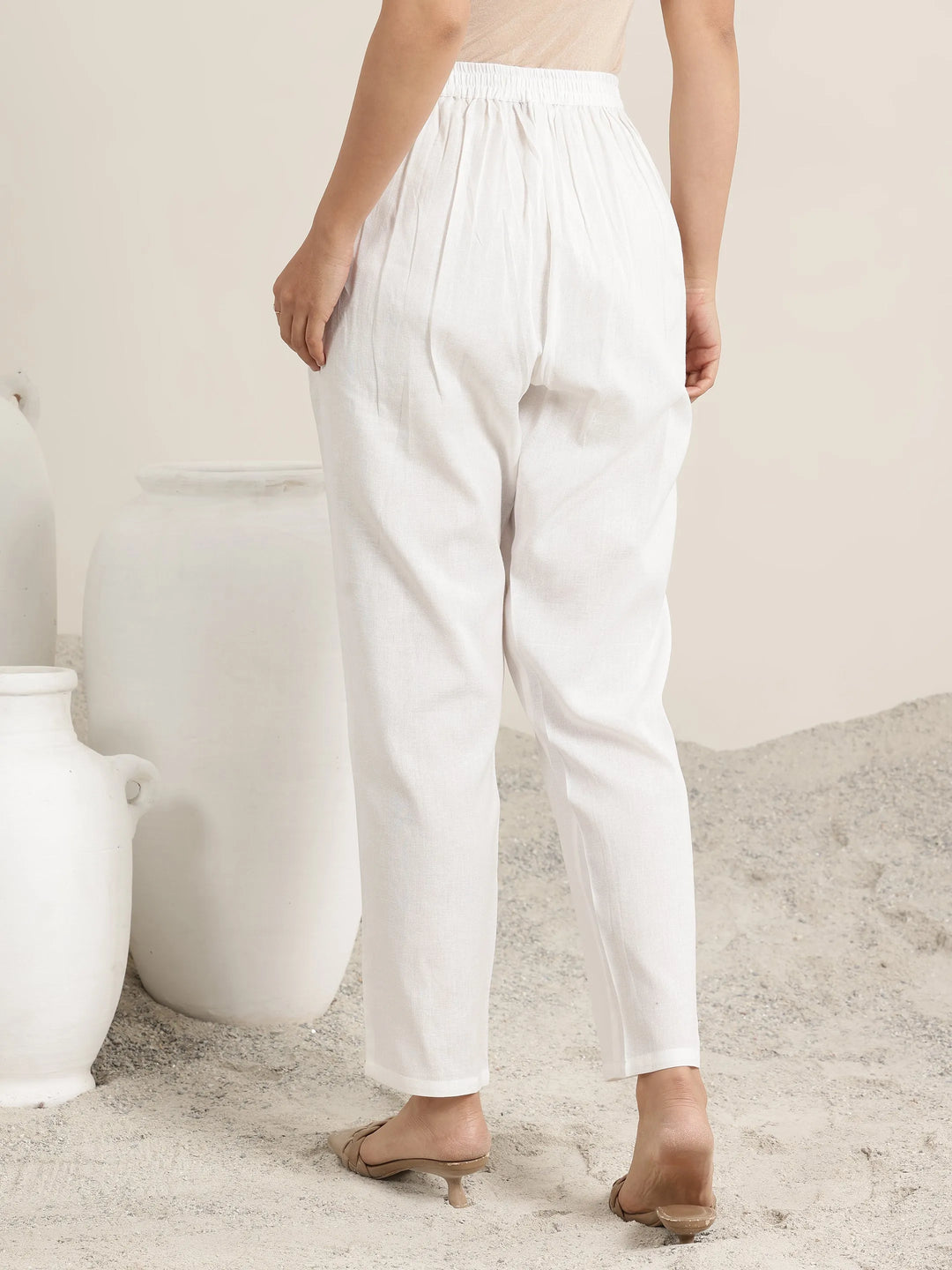  Off White Solid Cotton Trousers 