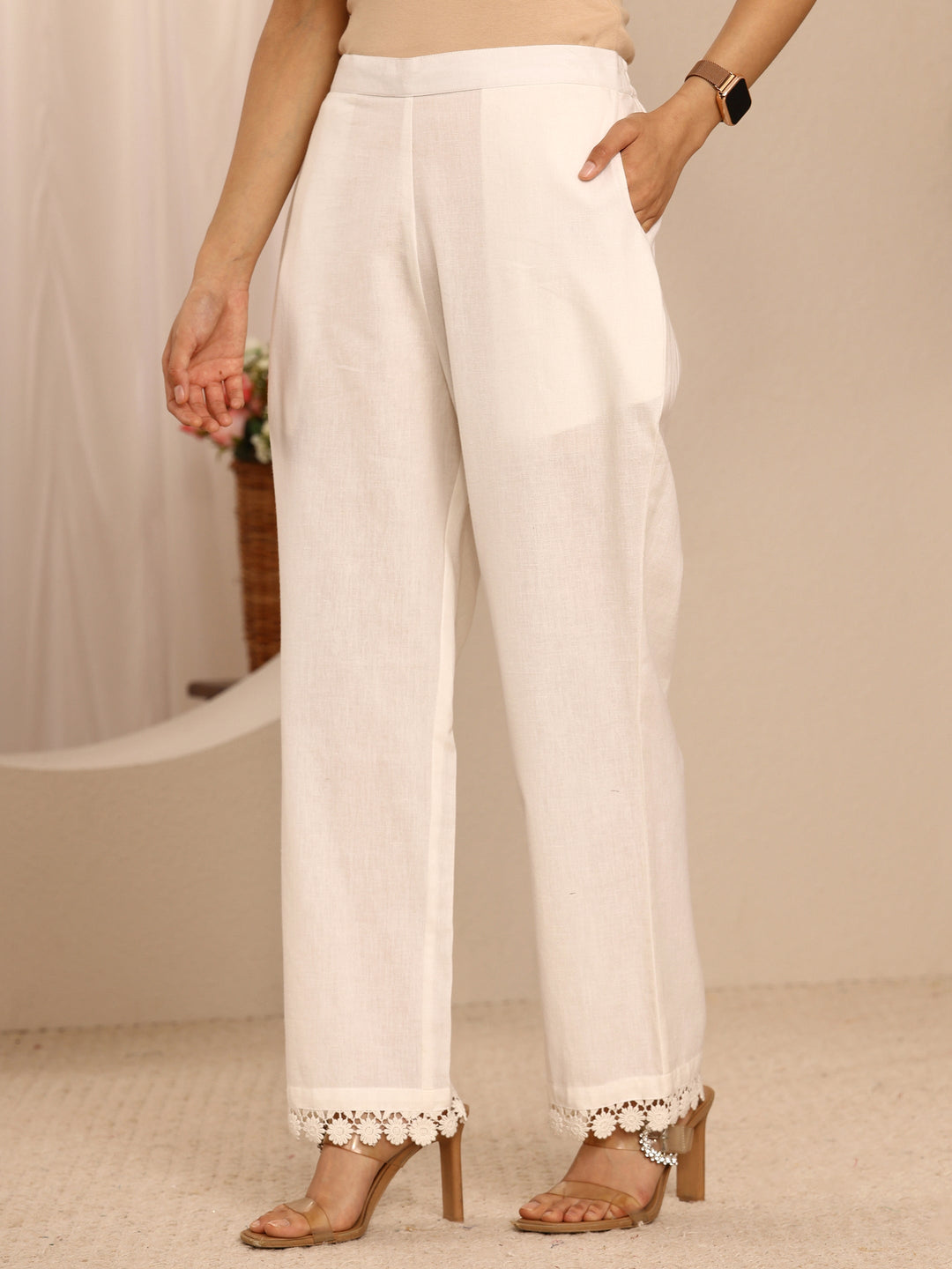  White Solid Cotton Trousers 
