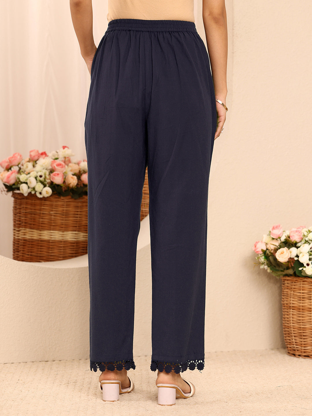  Blue Solid Cotton Trousers 