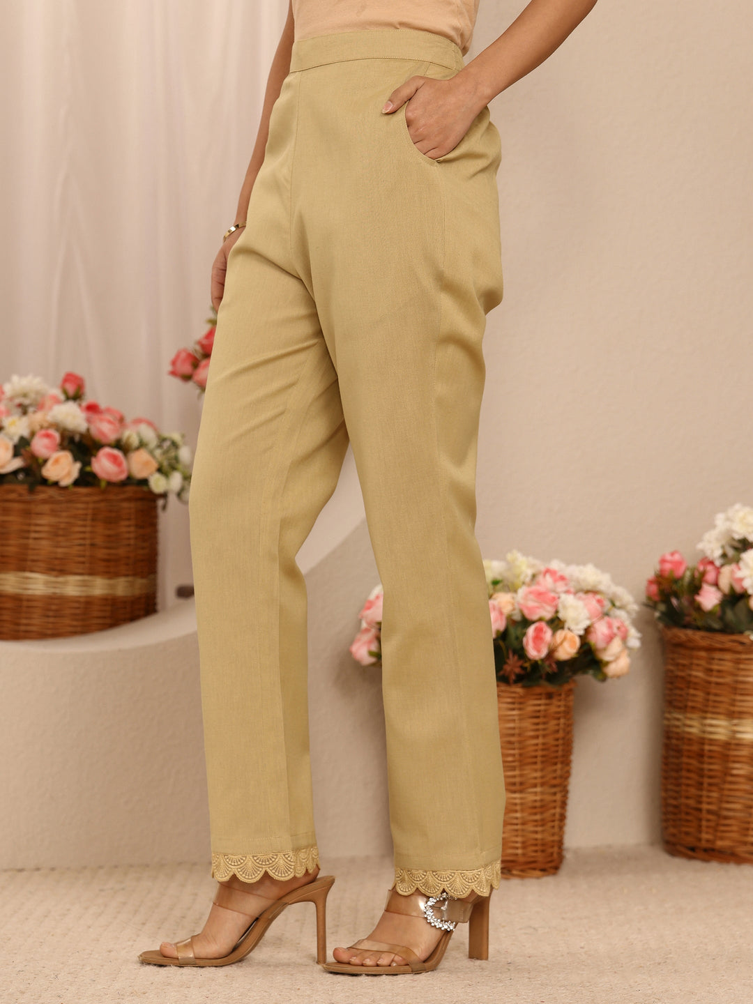  Beige Solid Cotton Trousers 