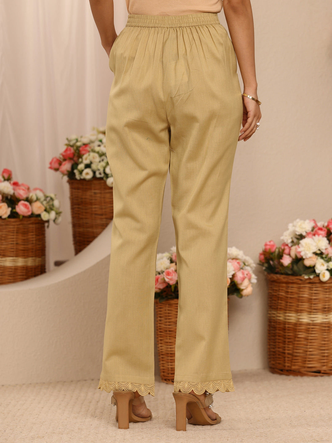  Beige Solid Cotton Trousers 