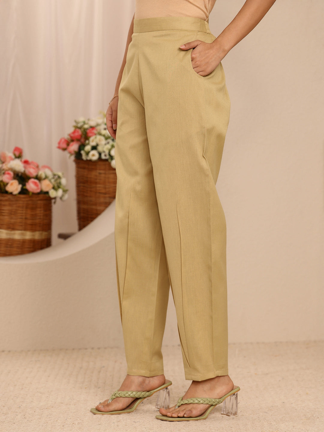  Beige Solid Cotton Trousers 