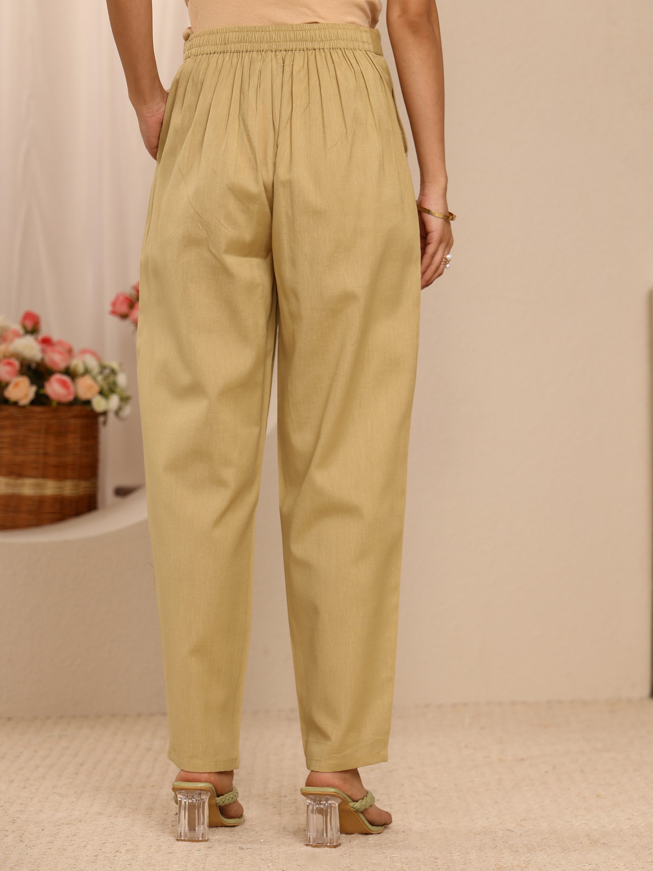 Buy Beige Solid Cotton Trousers Online at Rs.619 | Libas