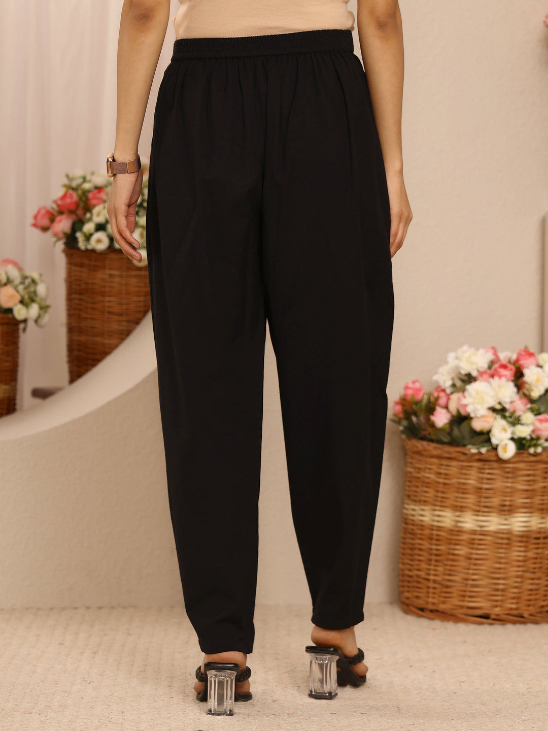  Black Solid Cotton Trousers 