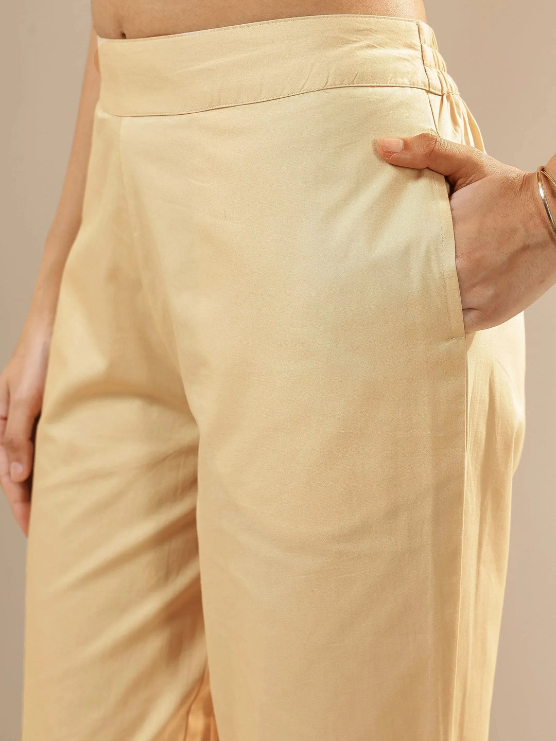  Beige Self Design Cotton Trousers 