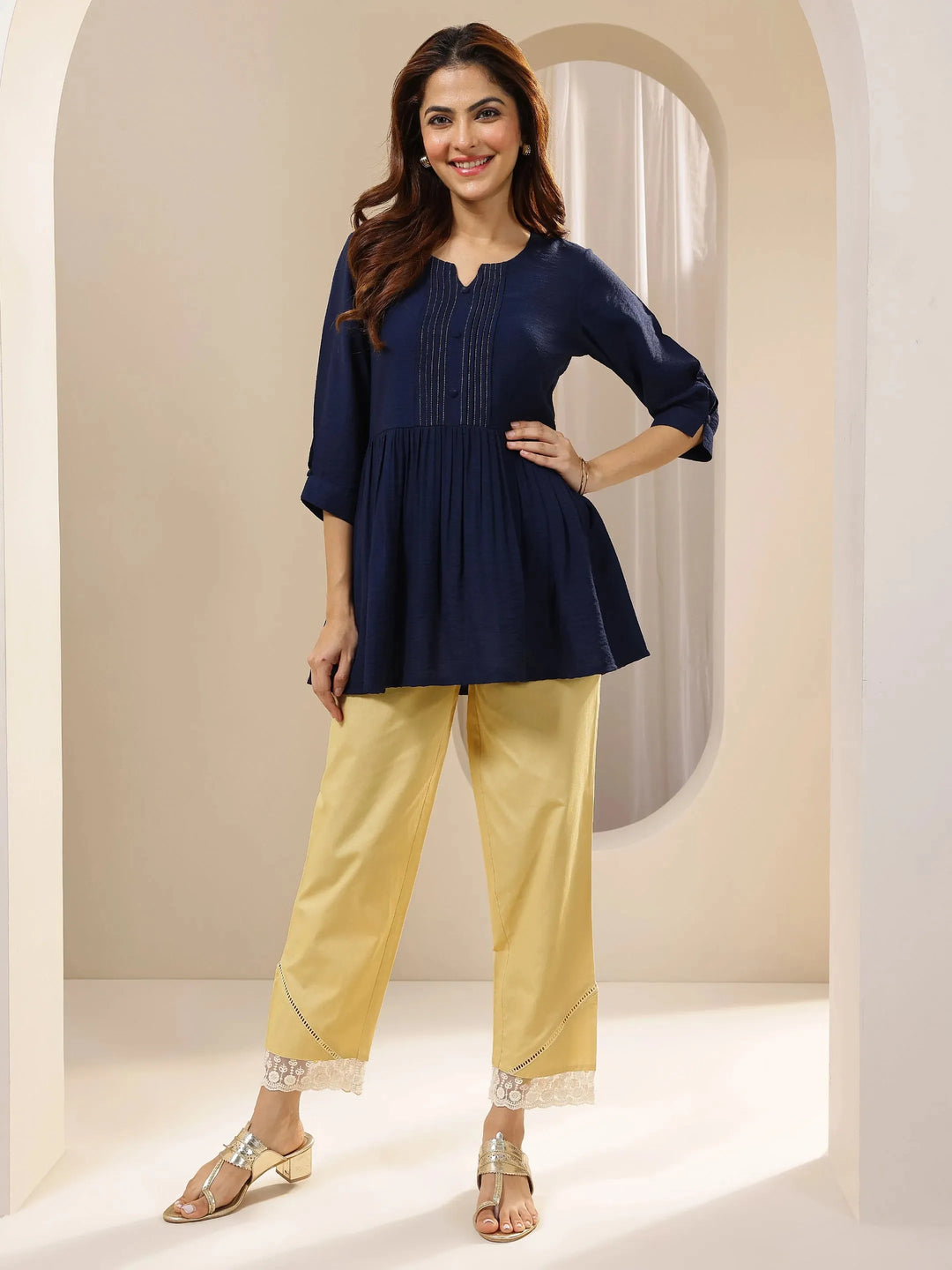  Beige Self Design Cotton Trousers 