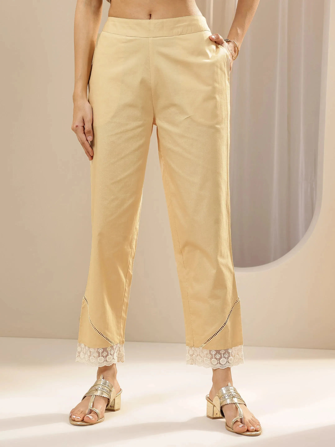  Beige Self Design Cotton Trousers 