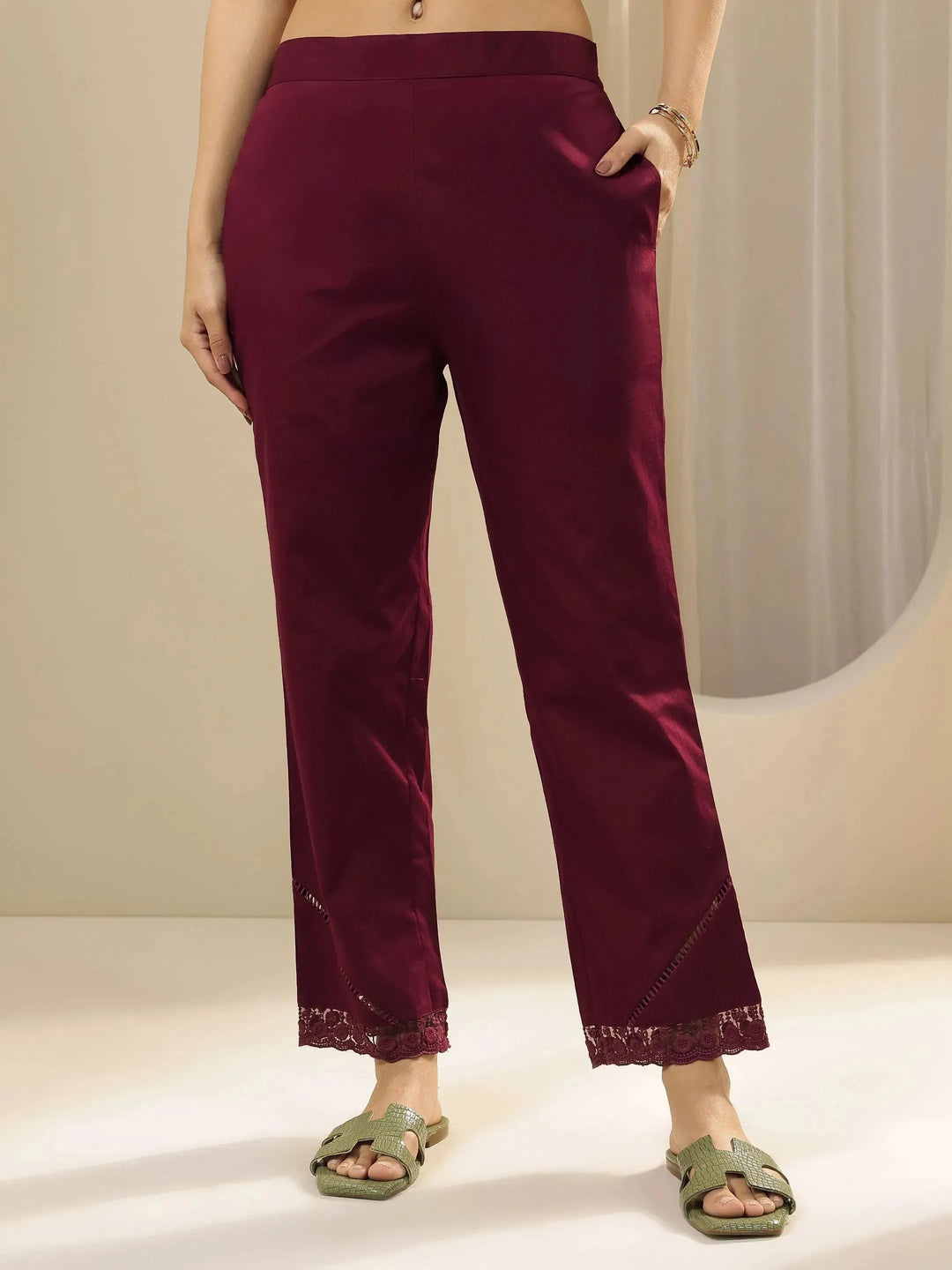  Maroon Self Design Cotton Trousers 