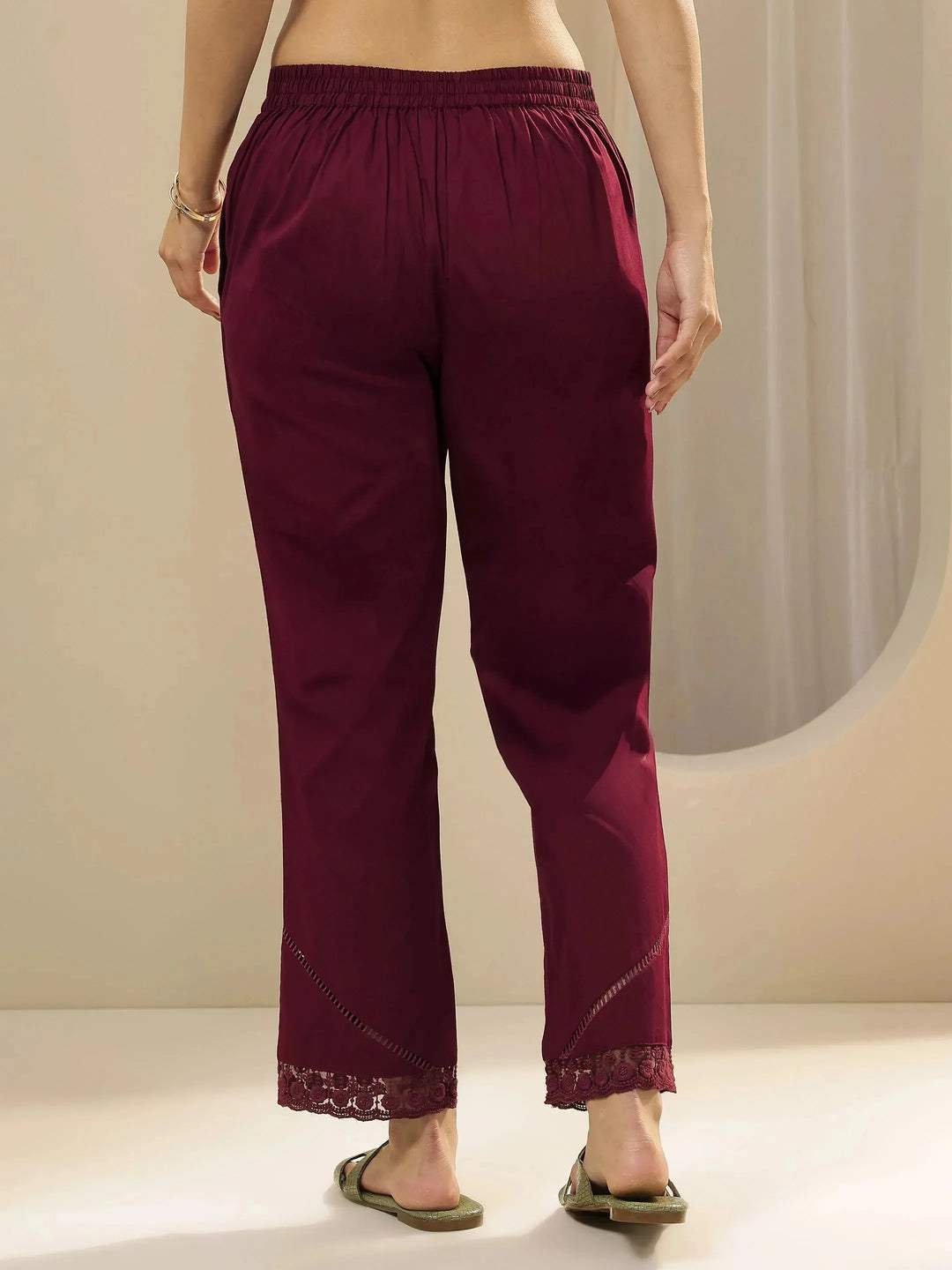  Maroon Self Design Cotton Trousers 