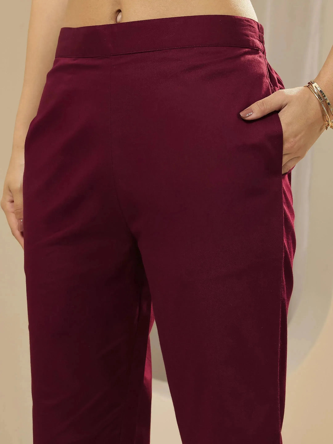 Maroon Self Design Cotton Trousers 
