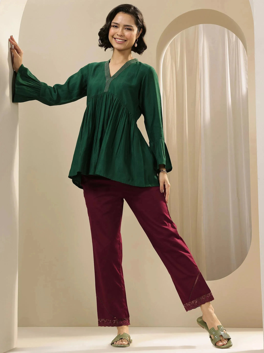  Maroon Self Design Cotton Trousers 
