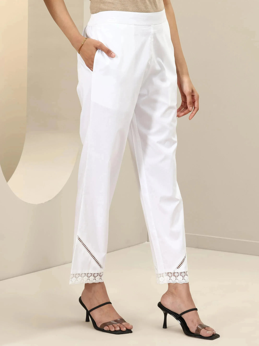  White Self Design Cotton Trousers 