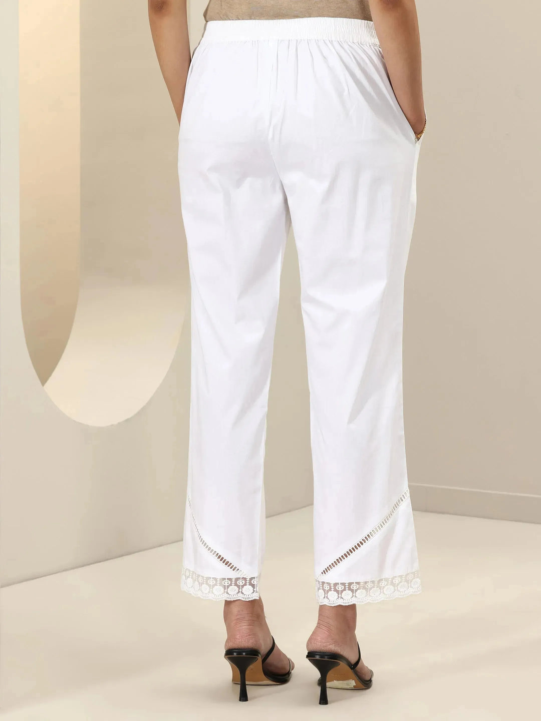  White Self Design Cotton Trousers 