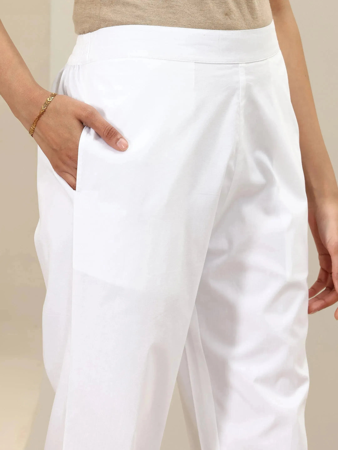  White Self Design Cotton Trousers 