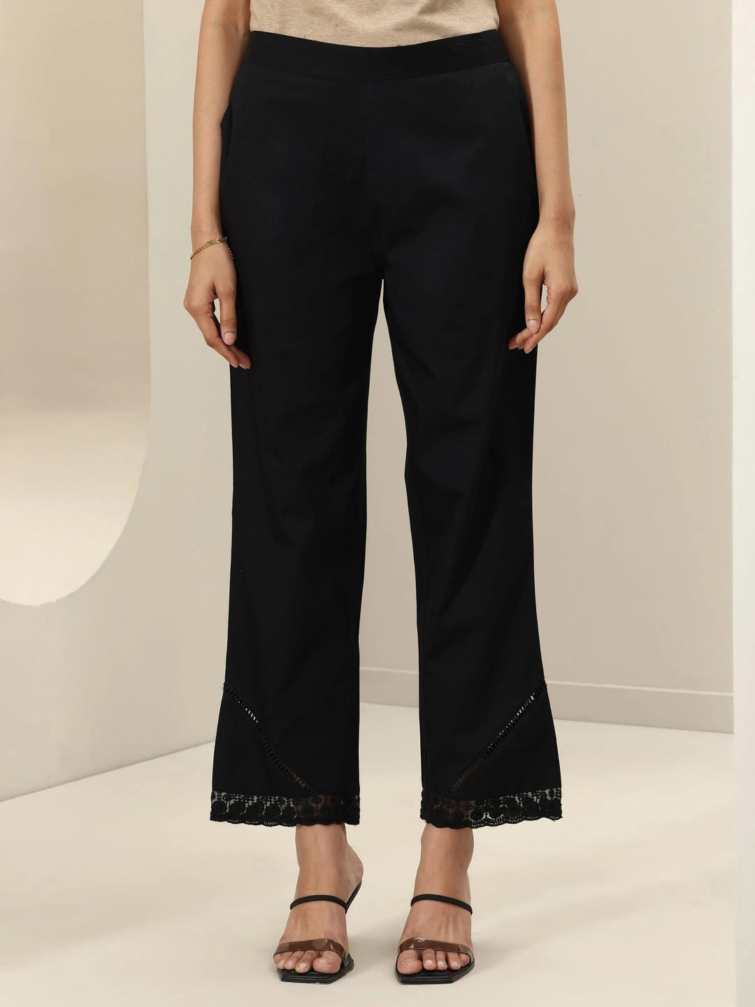  Black Self Design Cotton Trousers 