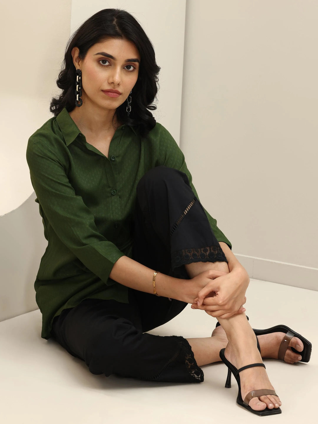  Black Self Design Cotton Trousers 