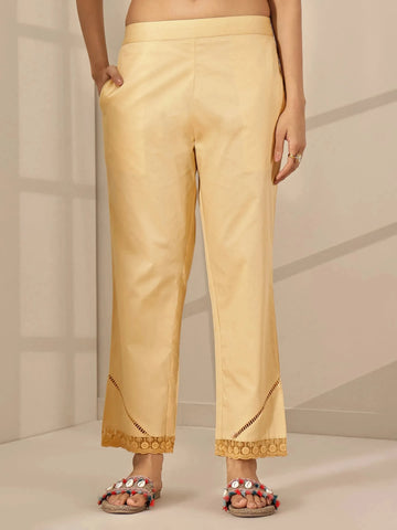 Beige Self Design Cotton Trousers