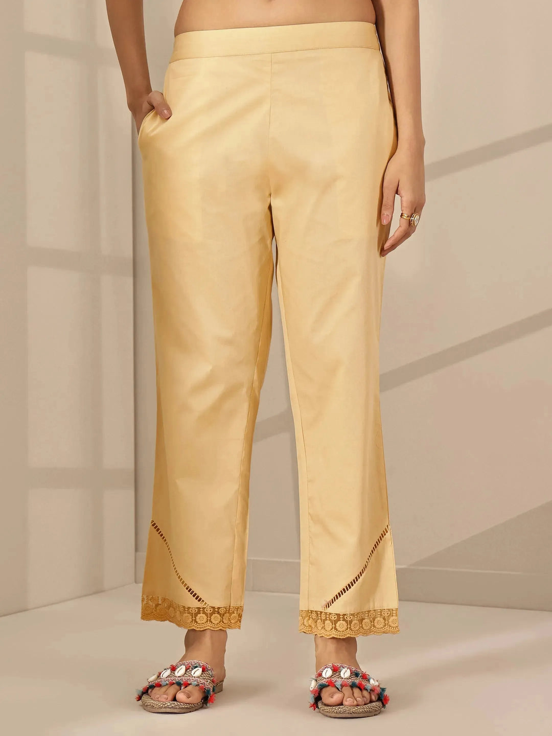  Beige Self Design Cotton Trousers 