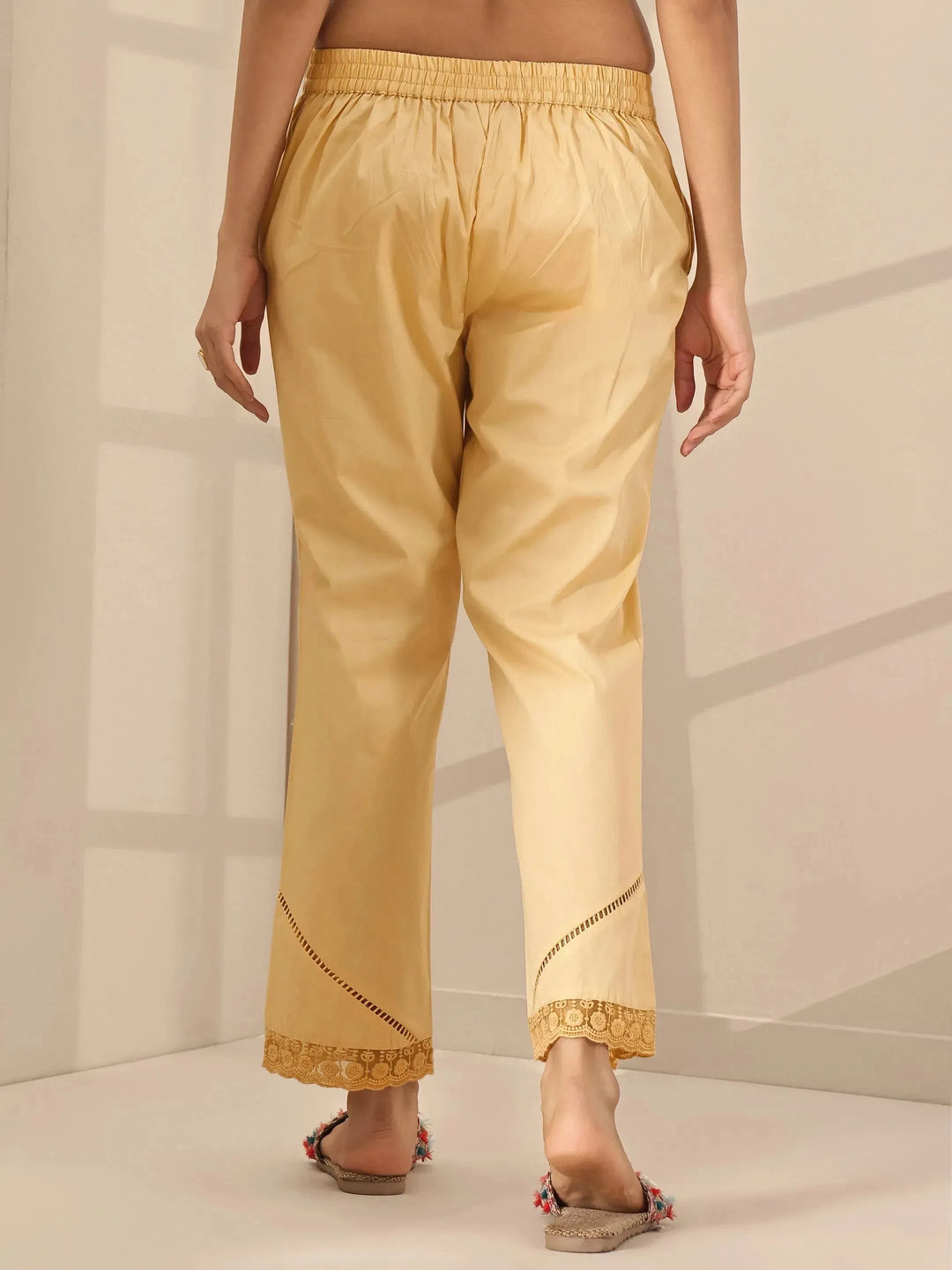  Beige Self Design Cotton Trousers 