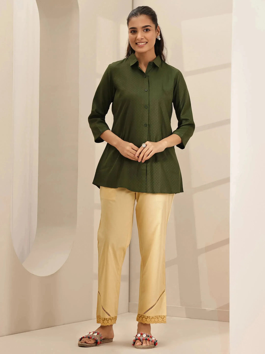  Beige Self Design Cotton Trousers 