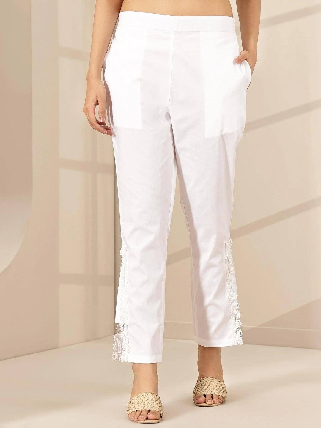  White Self Design Cotton Trousers 