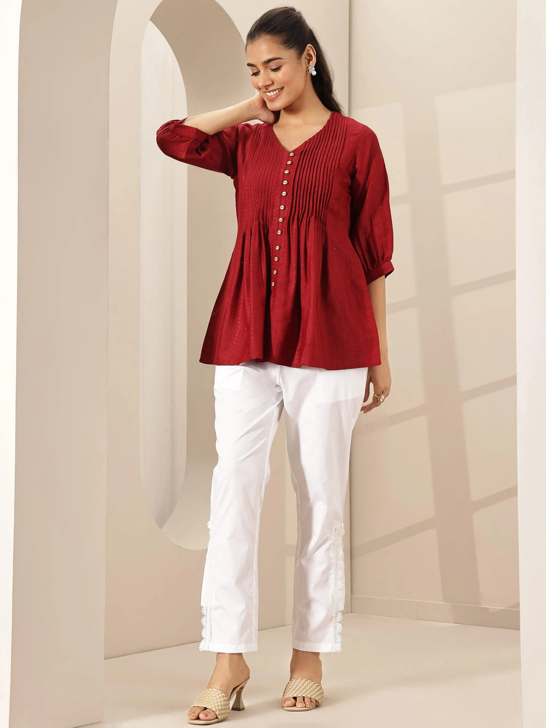  White Self Design Cotton Trousers 