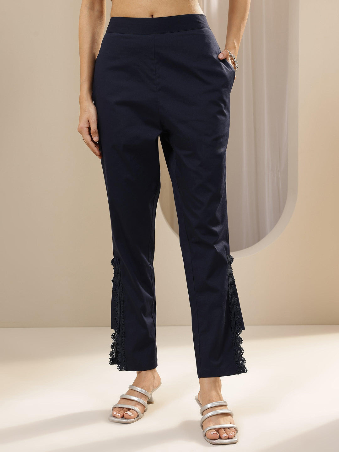 Blue Self Design Cotton Trousers
