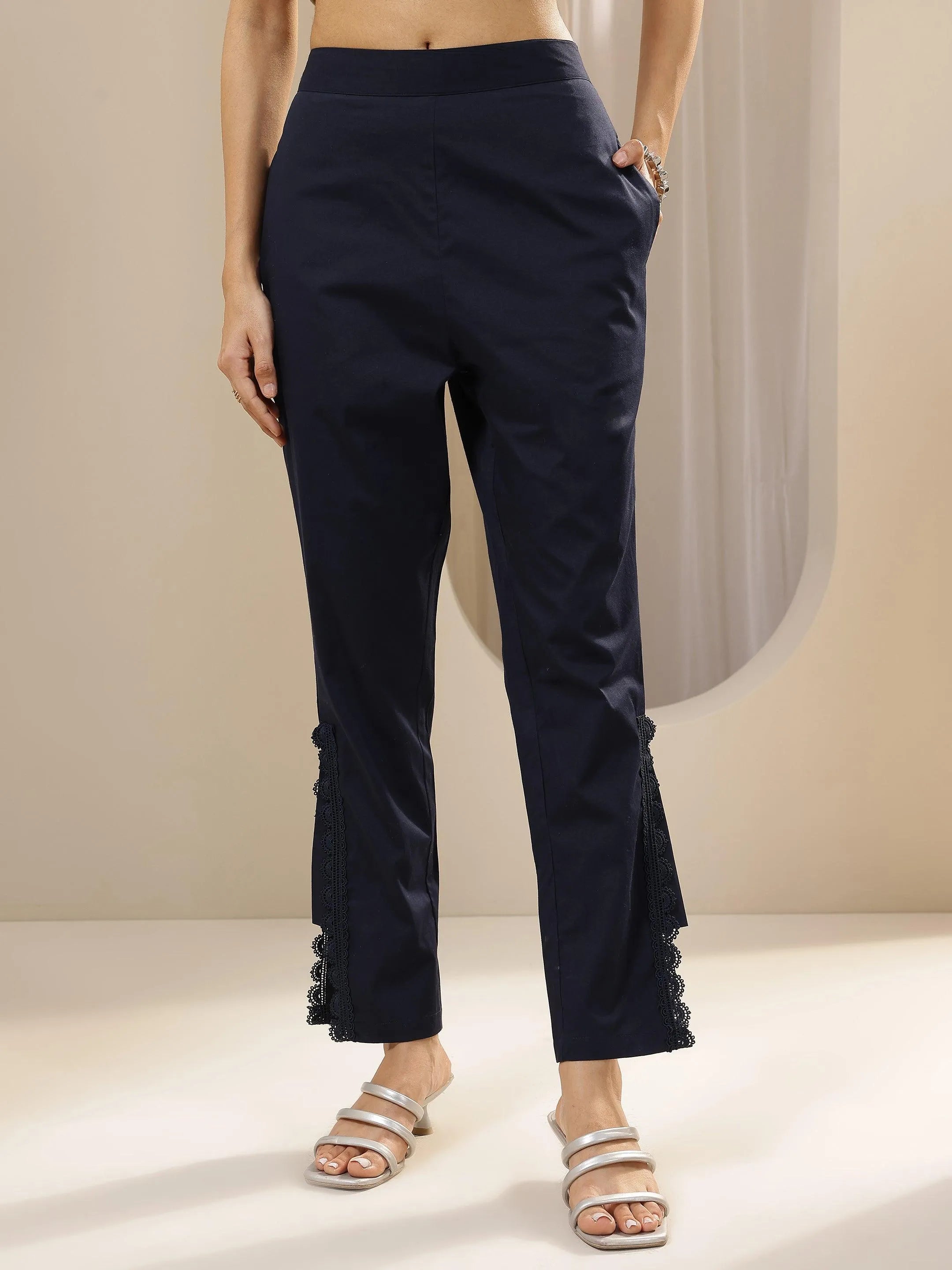 libas Blue Self Design Cotton Trousers-picture-18