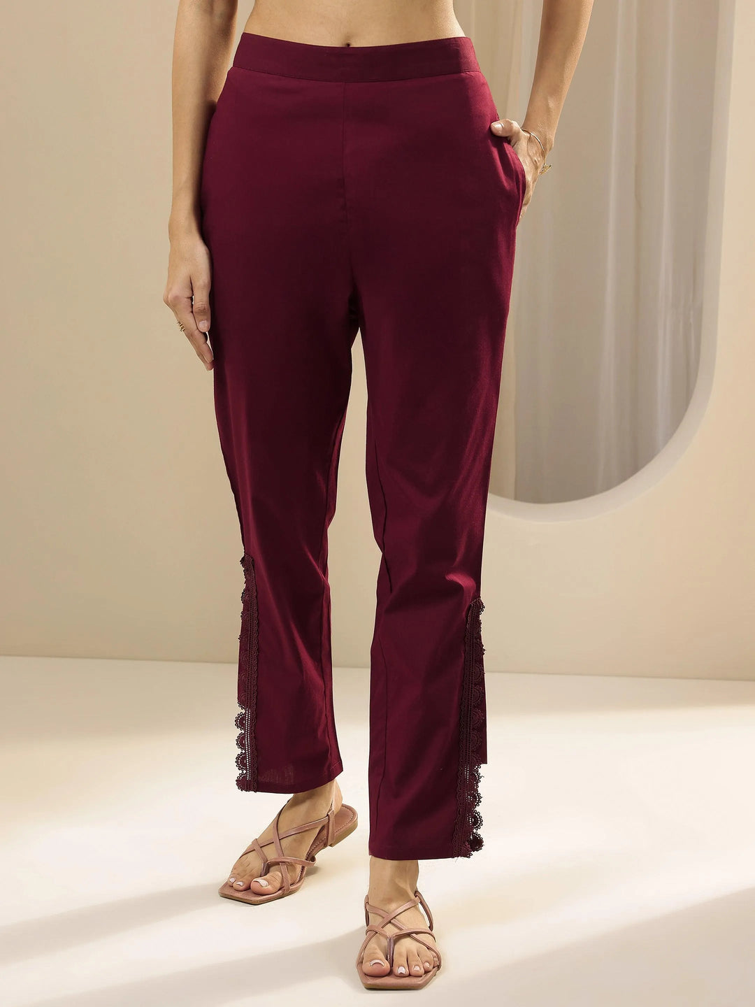  Maroon Self Design Cotton Trousers 