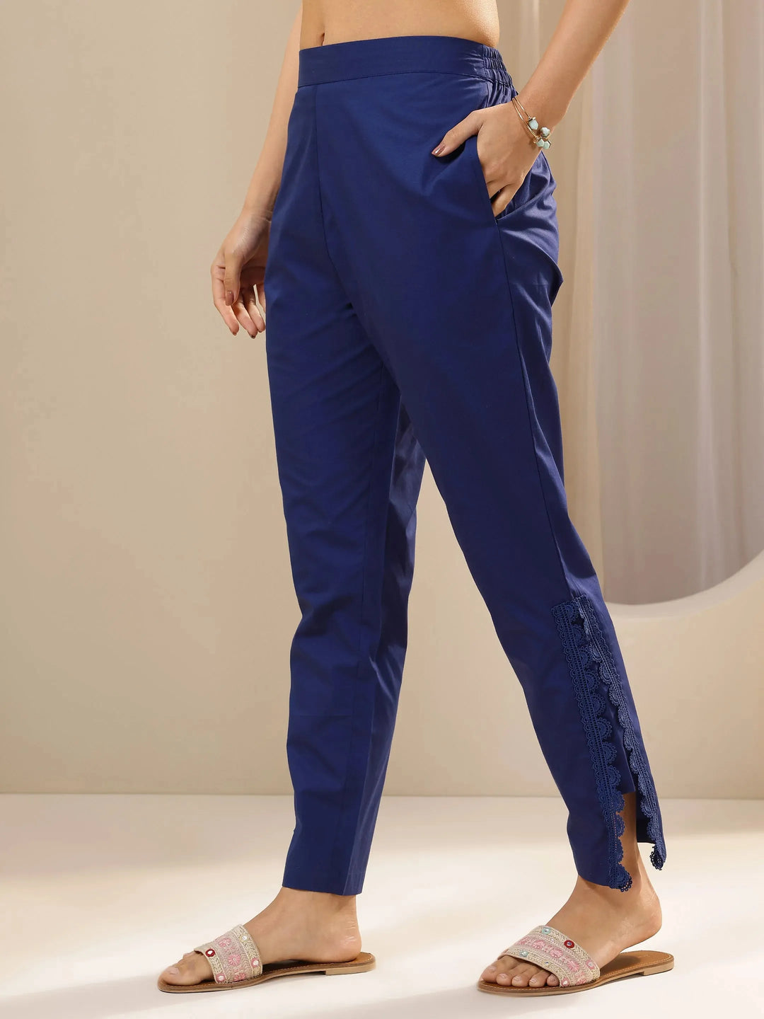  Blue Self Design Cotton Trousers 