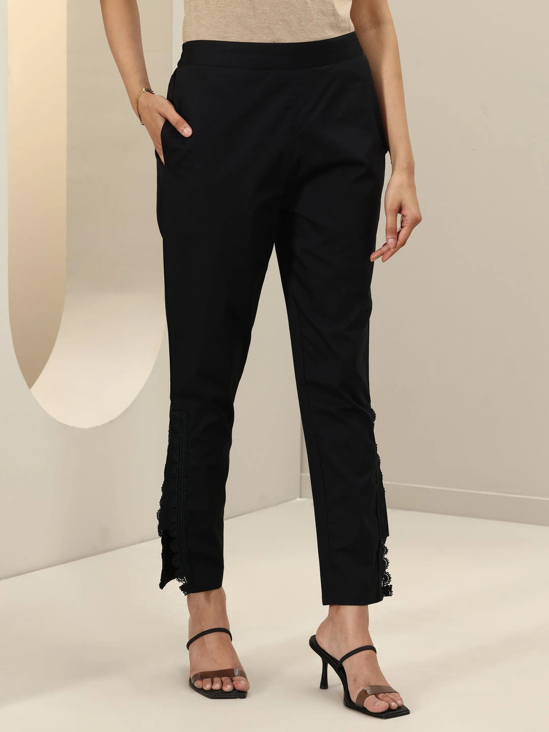  Black Self Design Cotton Trousers 