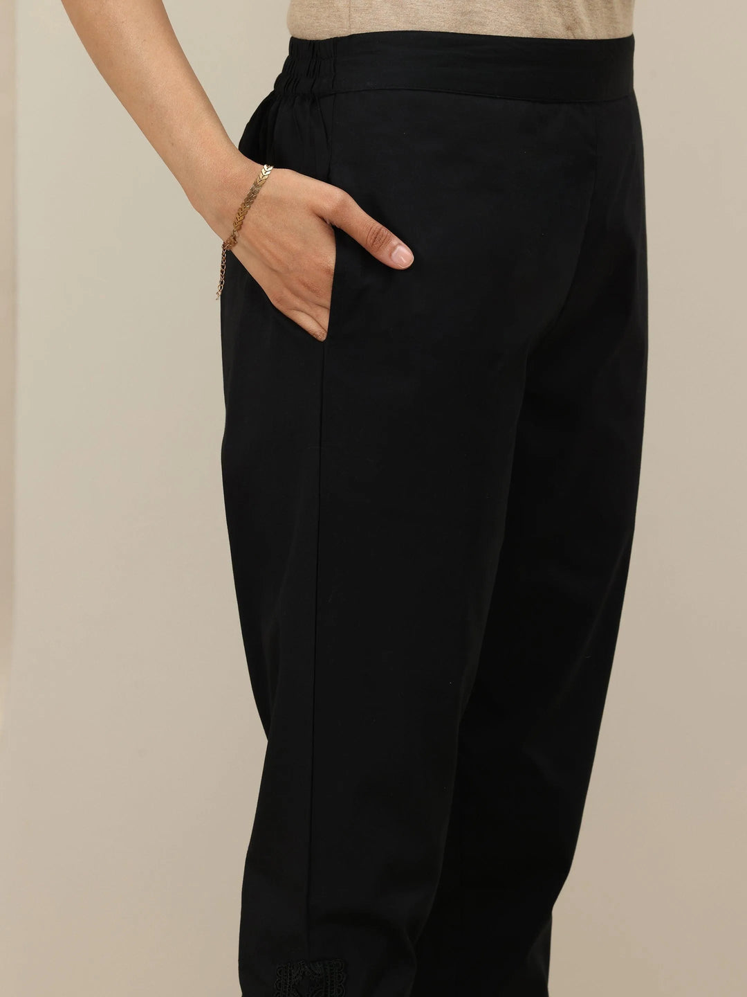  Black Self Design Cotton Trousers 