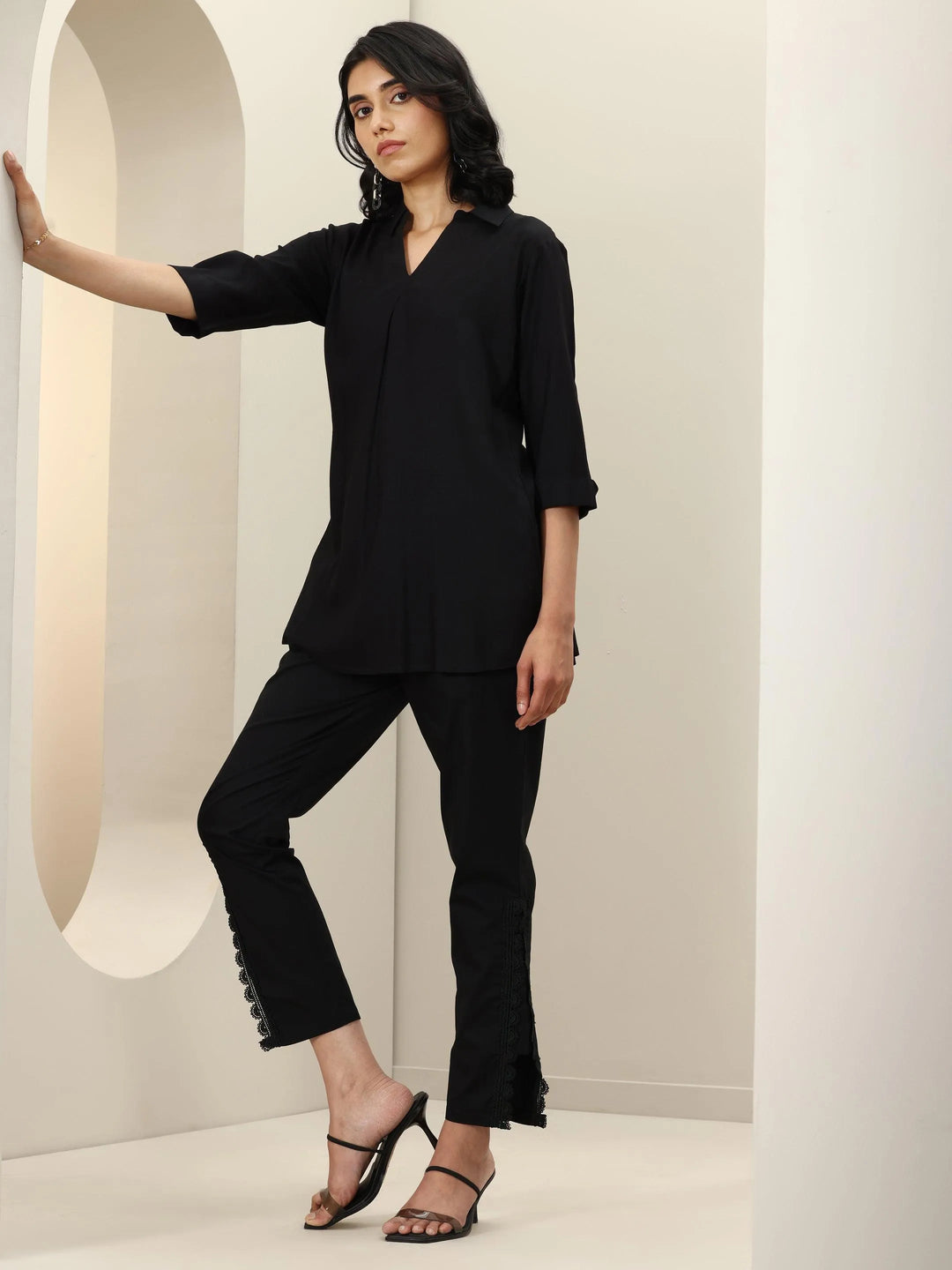  Black Self Design Cotton Trousers 