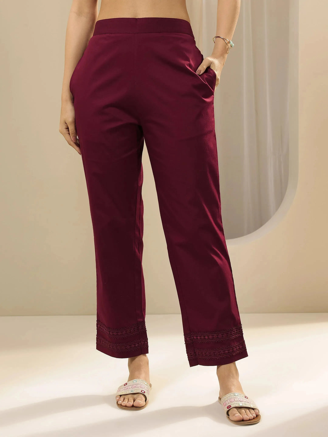  Maroon Solid Cotton Trousers 