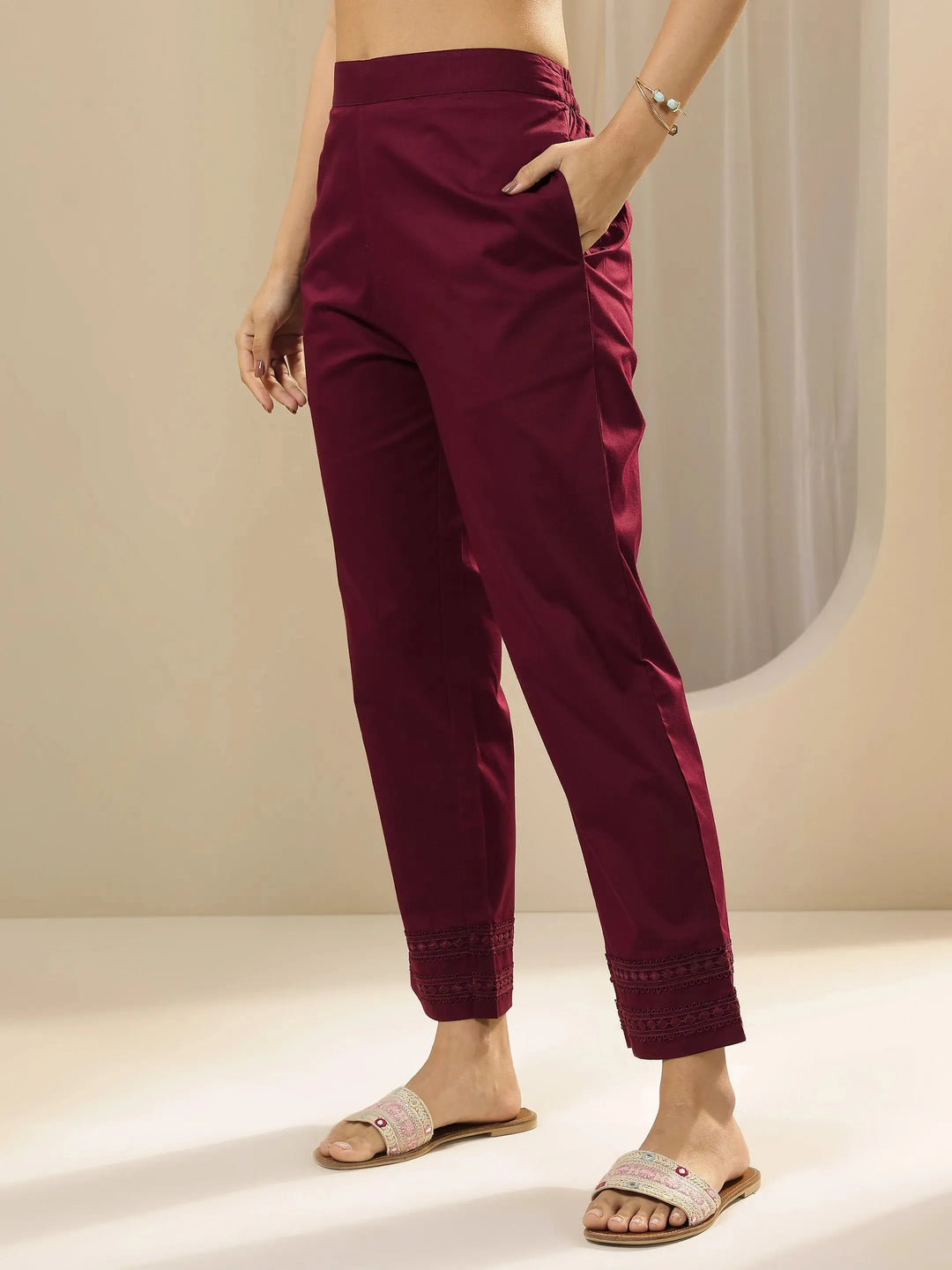 Maroon Solid Cotton Trousers