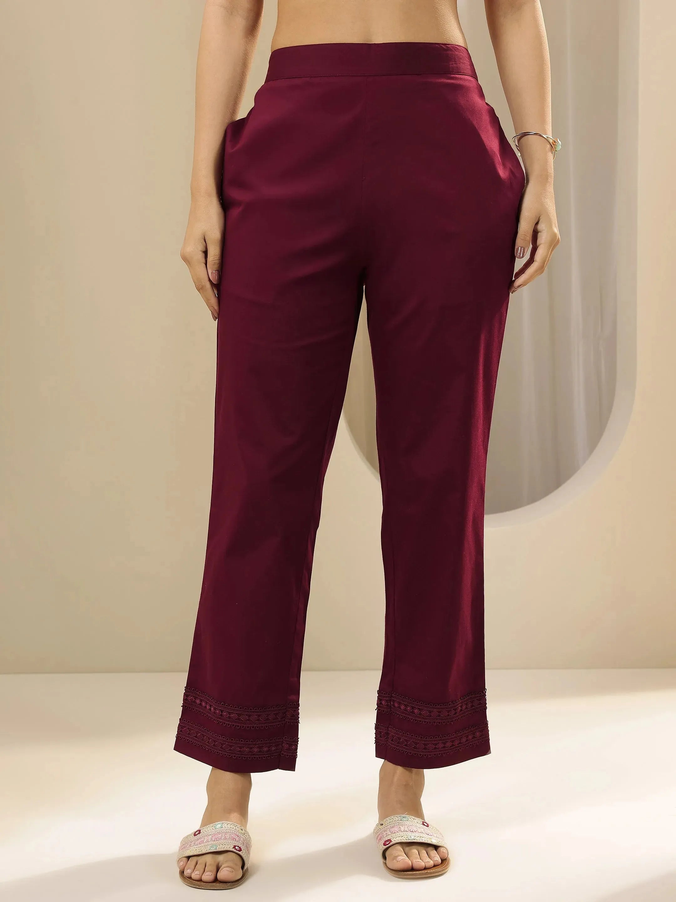libas Maroon Solid Cotton Trousers-picture-28