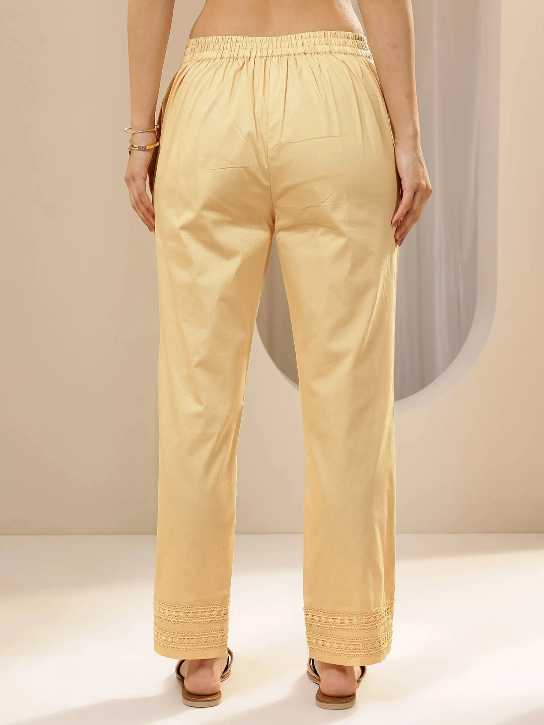  Beige Solid Cotton Trousers 